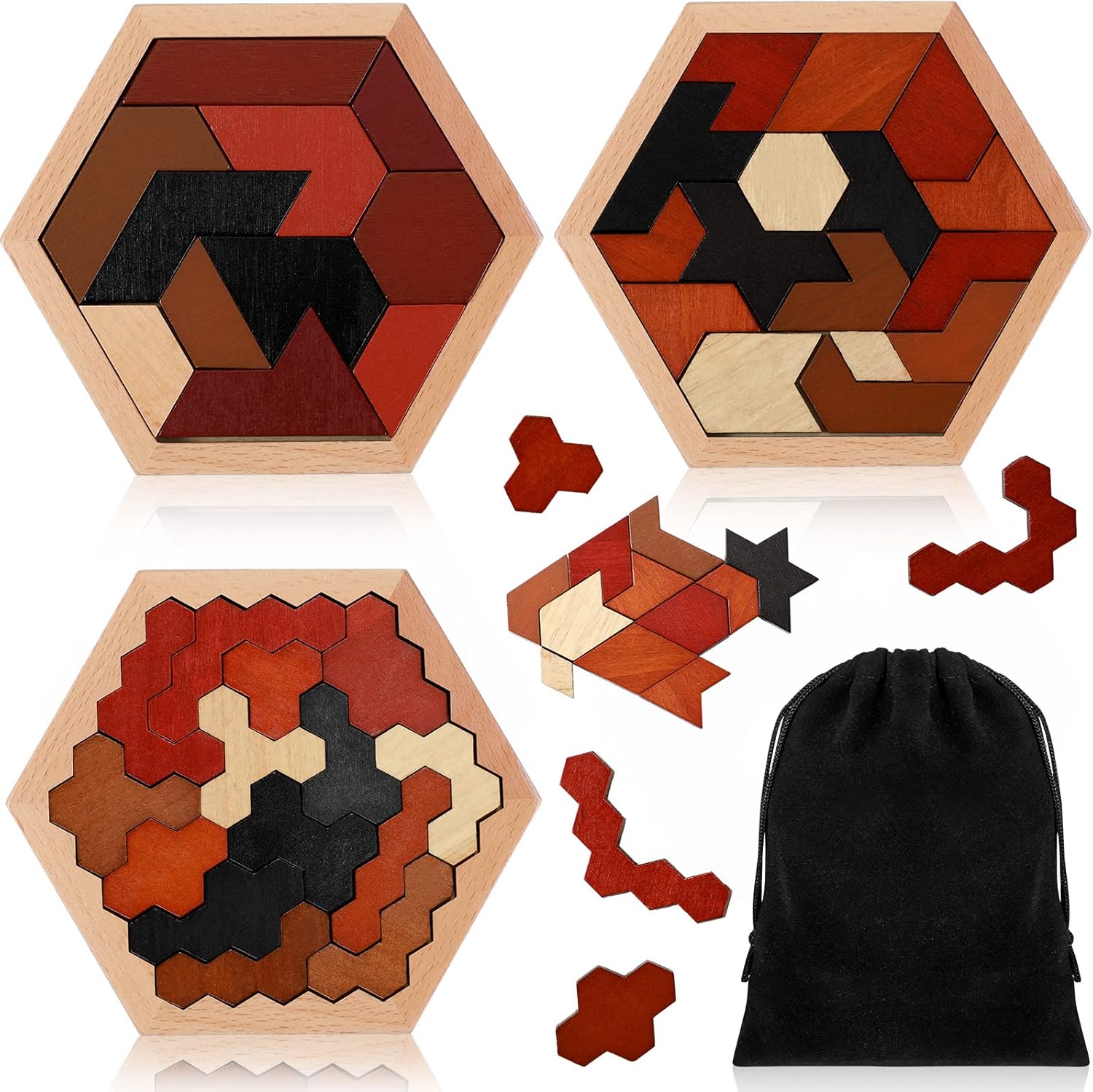 Yunsailing Large Hexagon Tangram Puzzle Set - 3 Pack Wooden Brain Teasers for Adults | Vintage Design