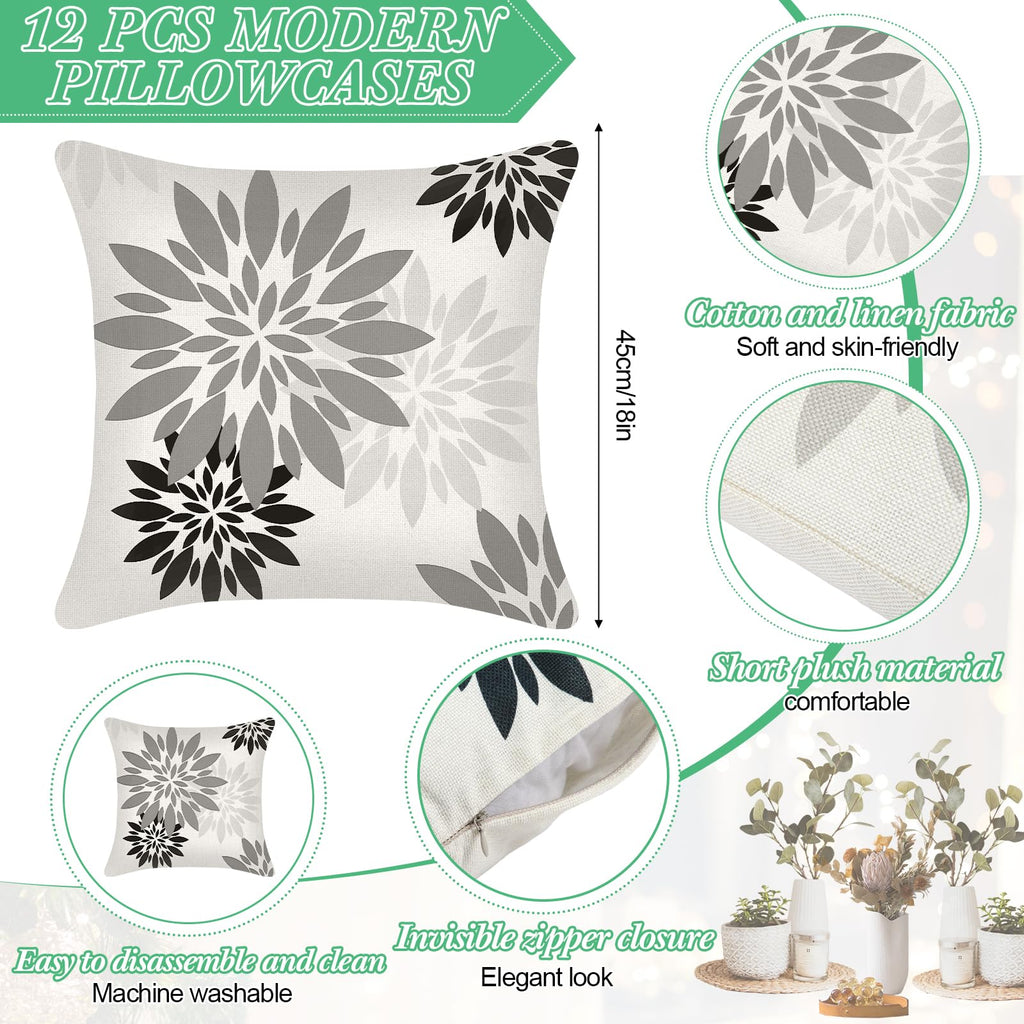 Flutesan 12 Pcs Decorative Throw Pillow Cover 18 x 18 Inch Modern Sofa Pillow case Geometric Floral Linen Square Cushion Covers for Home Living Room Bedroom Couch Chair(Gray)