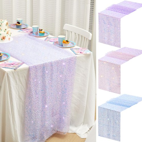 Windkream 3 Pcs Mermaid Table Runner 24 x 120 Inch Iridescent Sequin Glitter Table Runner Lavender Party Supplies Wedding Birthday Baby Shower Party Decor(Purple, Blue, Pink)