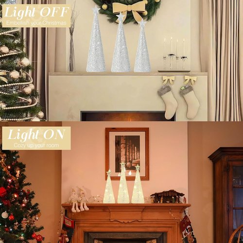Lewondr LED Glass Christmas Tree Tabletop Lamps - Warm Yellow Light, 3 PCS with Timer for Holiday Decor