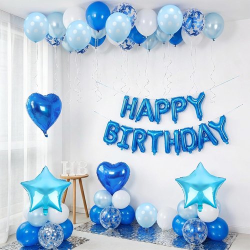 Blue Birthday Decorations by [Brand Name] - Happy Birthday Balloons & Polka Dot Confetti | Perfect for Boys' Parties