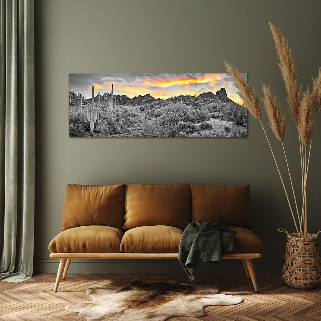 iKNOW FOTO Sonoran Desert Canvas Art Sunset Cactus USA Natural Landscape Picture Print for Home & Office Decor Stretched and Framed Ready to Hang 20x48 Inches