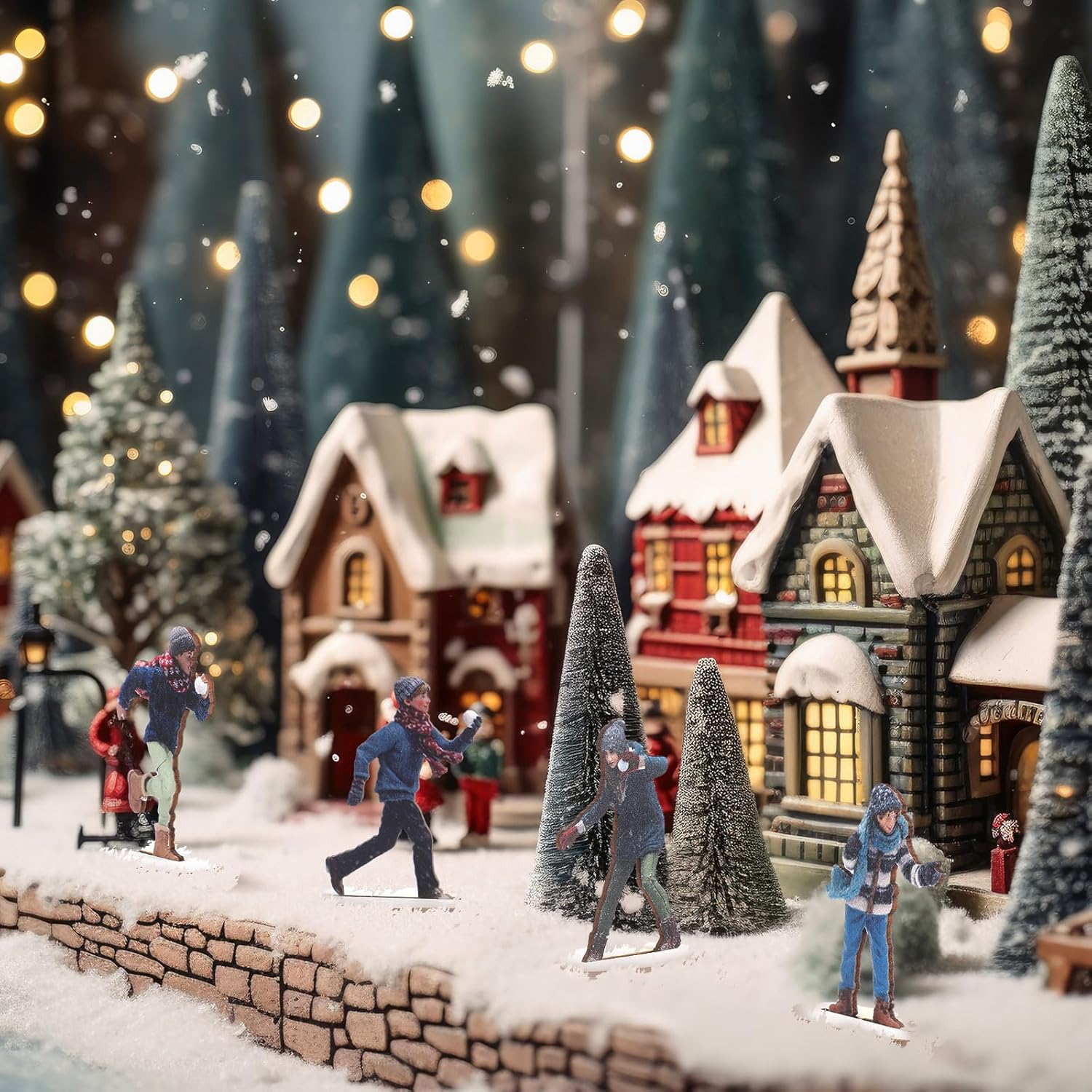 Weysat Christmas Village Snowball Fight Figurines - 12-Piece Wooden Model Set for Winter Decor