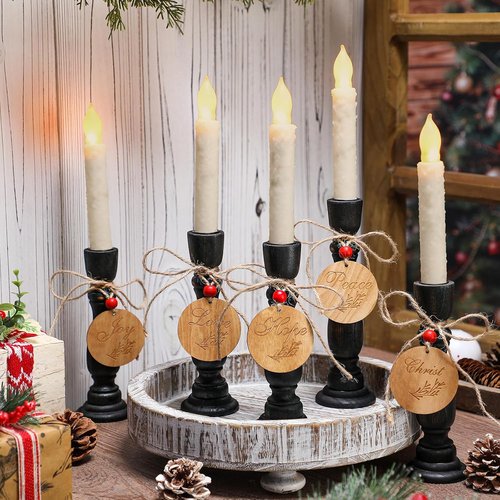 Cinnvoice Christmas Candle Holders Set - Rustic Wood Table Centerpiece | 8.26'' & 7'' with Peace, Love, Hope, Joy Tags