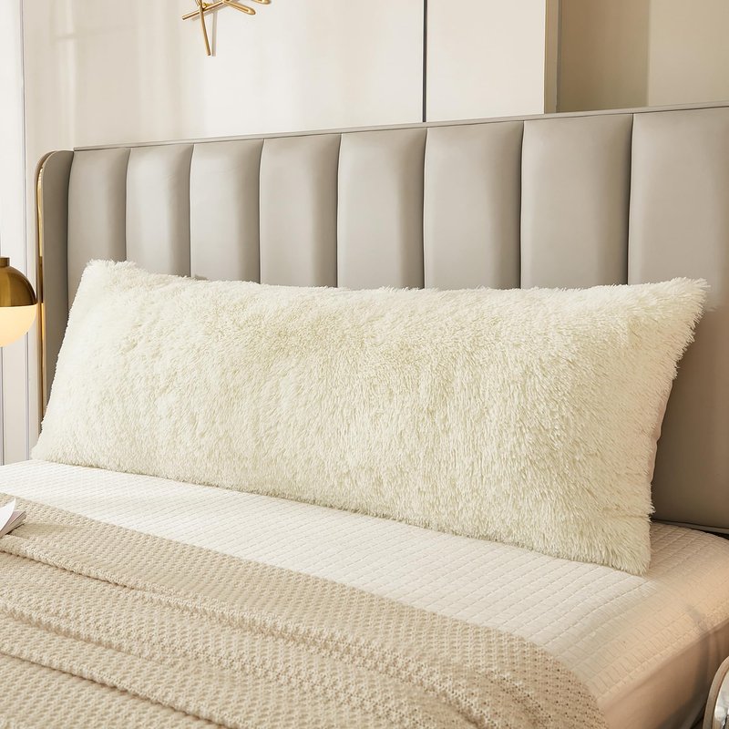 JAUXIO Faux Fur Fluffy Body Pillow Cover Luxury Shaggy Plush Decorative Solid Body Pillowcase, Ultra Soft and Cozy Zipper Closure 21 x 54 Inches, Cream