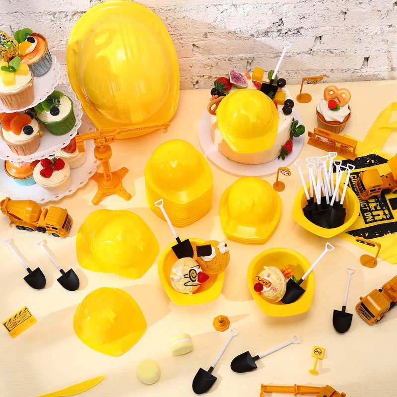 Uiifan 24 Sets Construction Ice Cream Bowls with Shovel Spoons, 8 oz Plastic Helmet Dessert Cups Snack Bowls for Construction Birthday Party Supplies, Kids Themed Party Favors (Yellow)