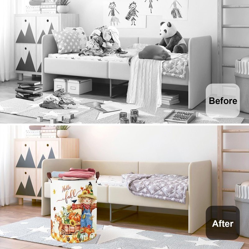 HUUMONSS Happy Thanksgiving Baby Storage Basket Pumpkin Maple Leaf Collapsible Clothes Kids Laundry Hamper Large Boys Girls Gift Toy Box Bin for Nursery Room,Scarecrow,40*50 cm