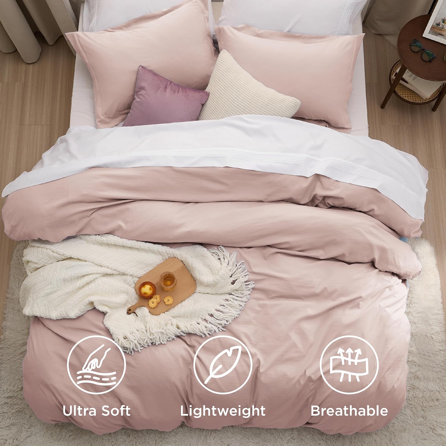 Bedsure King Size Duvet Cover Set - Soft Rose Pink Prewashed Cotton-Like Polyester, 3 Pieces with Zipper Closure