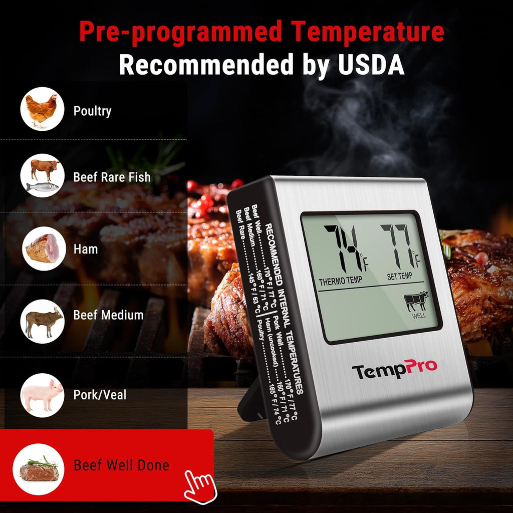 TempPro TP16 Large LCD Digital Meat Thermometer - Stainless Steel Probe for BBQ, Oven & Smoker