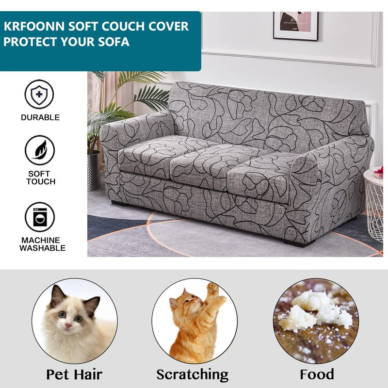 KRFOONN 4 Piece Stretch Sofa Couch Covers for 3 Cushion Couches Printed Sofa Slipcover with 3 Separate Seat Cushion Covers Washable Sofa Slip Covers Furniture Protector for Pets Kids (Large, 25)