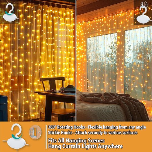 HXWEIYE 300LED Fairy Curtain Lights - 9.8x9.8Ft USB Plug-In with 8 Modes & Remote - Warm White | 2 Pack for Indoor Decor