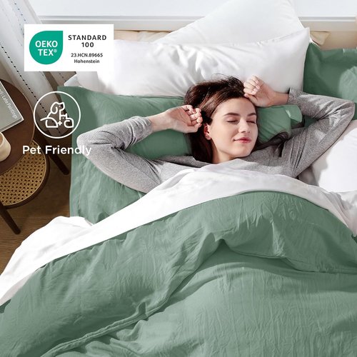Bedsure Sage Green Duvet Cover Set | Extra Soft Prewashed Cotton-Like Polyester - Queen Size 3 Pieces (90x90 Inches)