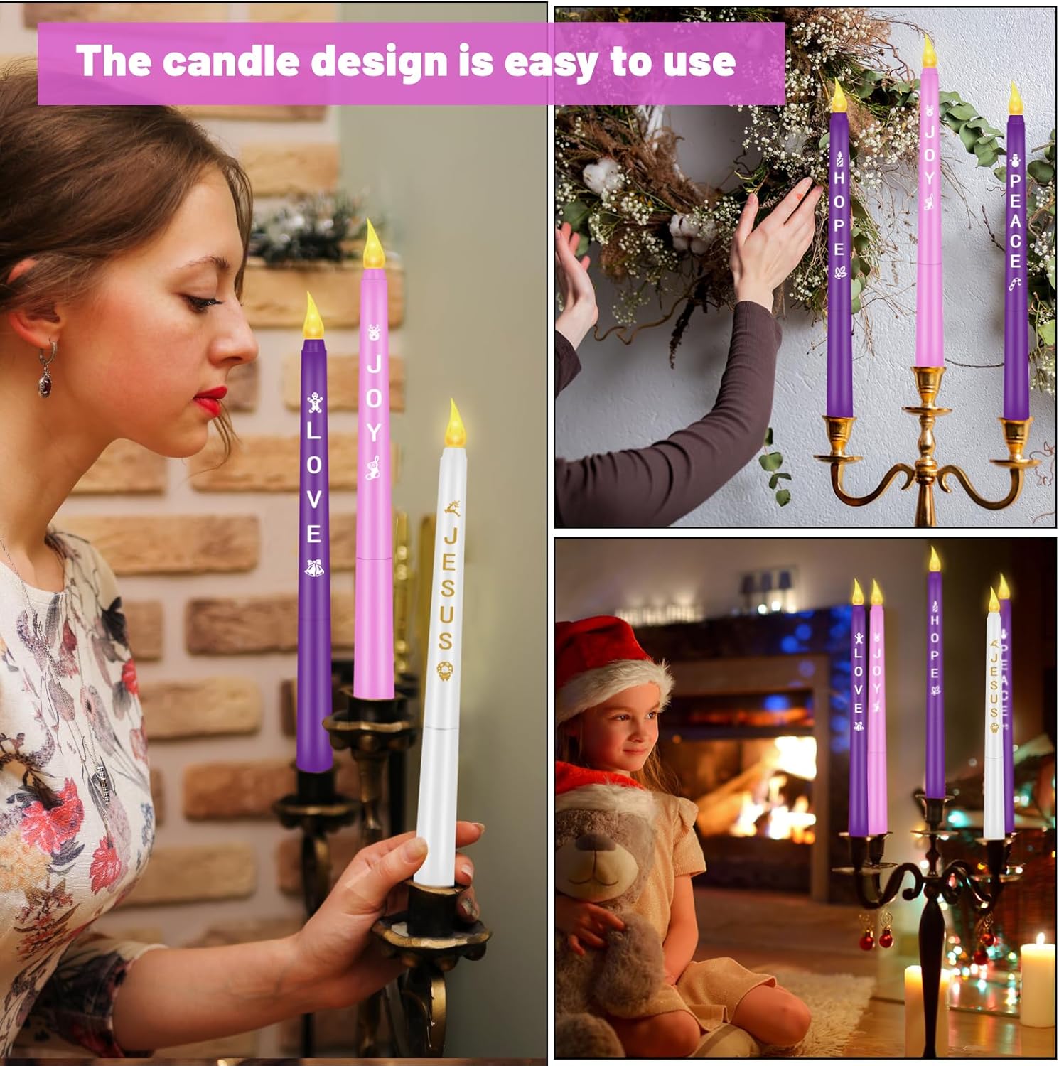 RGQSUN Flameless Advent Candles - Set of 5 Battery Operated Flickering Taper Candles for Christmas Decor