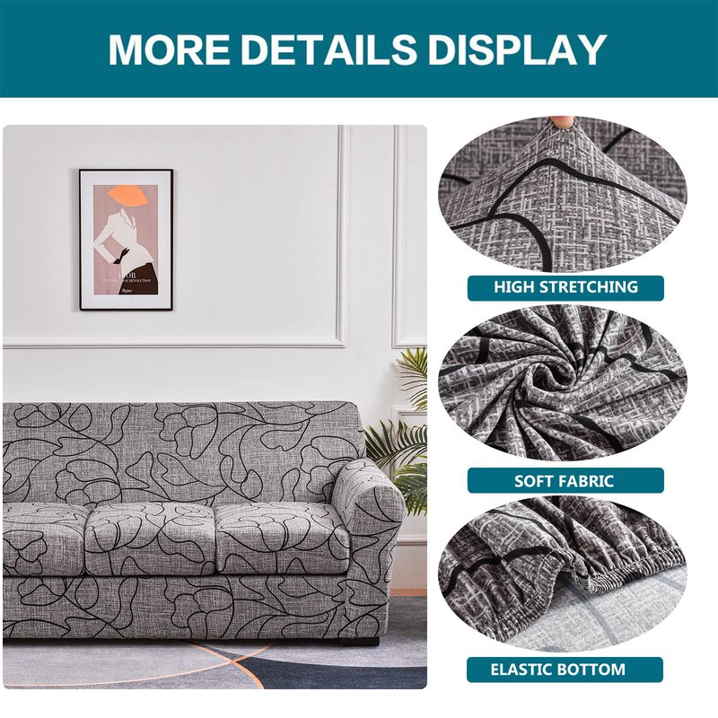 KRFOONN 4 Piece Stretch Sofa Couch Covers for 3 Cushion Couches Printed Sofa Slipcover with 3 Separate Seat Cushion Covers Washable Sofa Slip Covers Furniture Protector for Pets Kids (Large, 25)