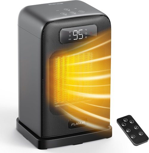 FLANUR 1500W Space Heater - Compact Indoor Desk Heater with Remote, Thermostat & 12H Timer | Oscillating Black Design