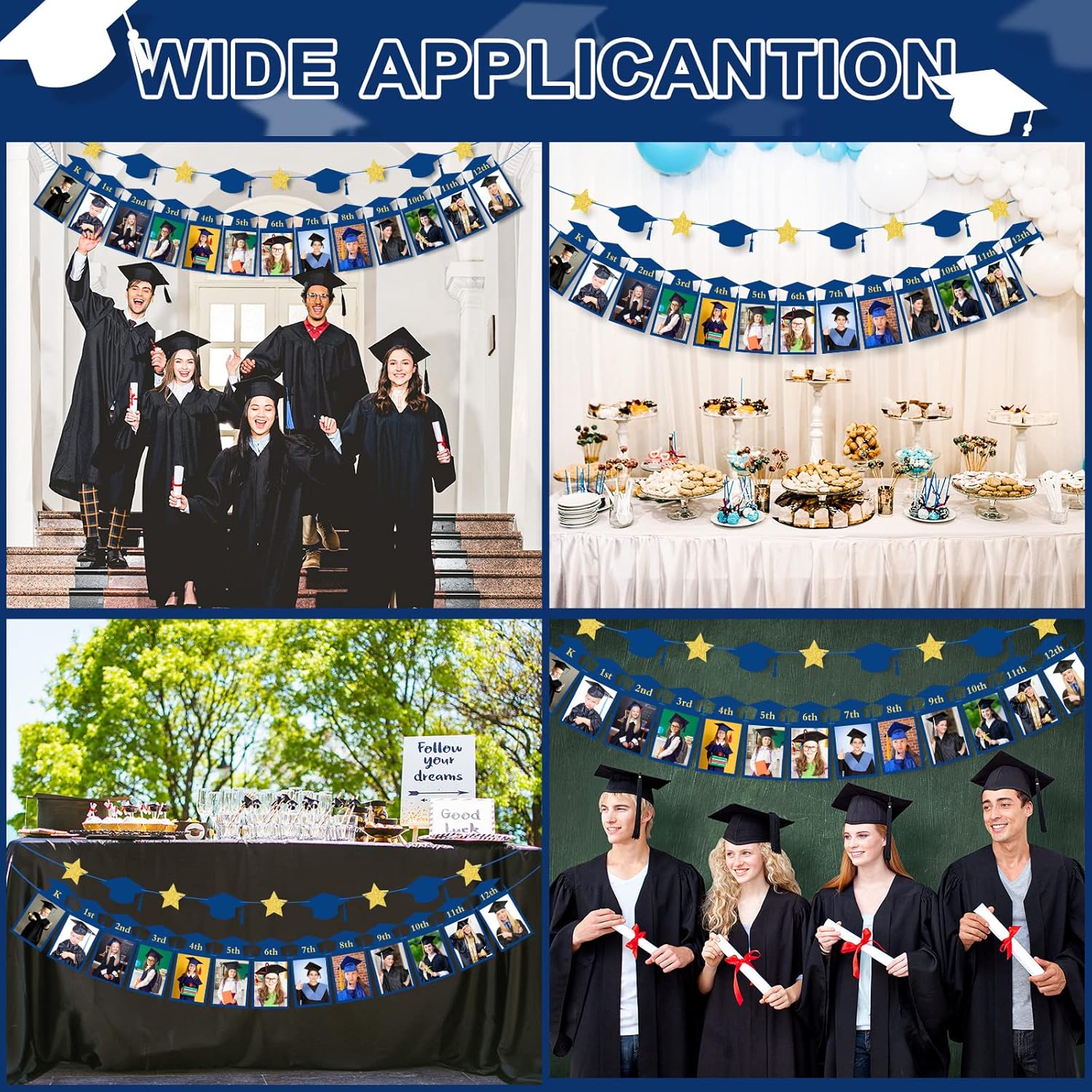 Whaline Graduation Photo Banner - No DIY Required Hanging Bunting | Blue Gold Glitter, 5 x 7 Inch