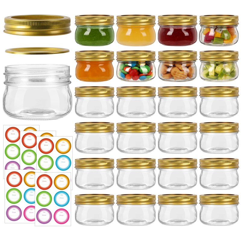 Mcupper 4 oz Mason Jars With Gold Lids and Bands, 24 Pack Regular Mouth Canning Jars for Jam, Honey, Yogurt, Candy, Spices, Snacks, DIY Projects, Wedding Favors- Includes 30 Stickers