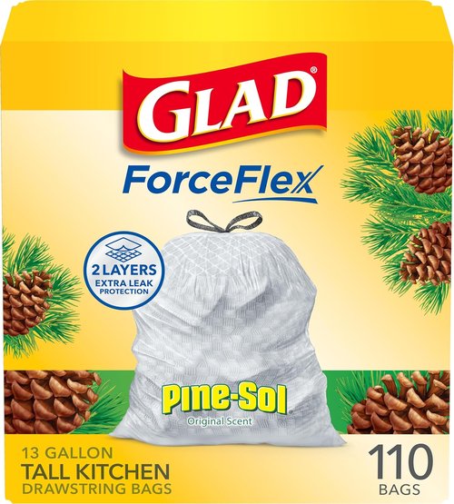 Glad ForceFlex Tall Kitchen Trash Bags - 13 Gallon, Pine-Sol Original Scent, 110 Count