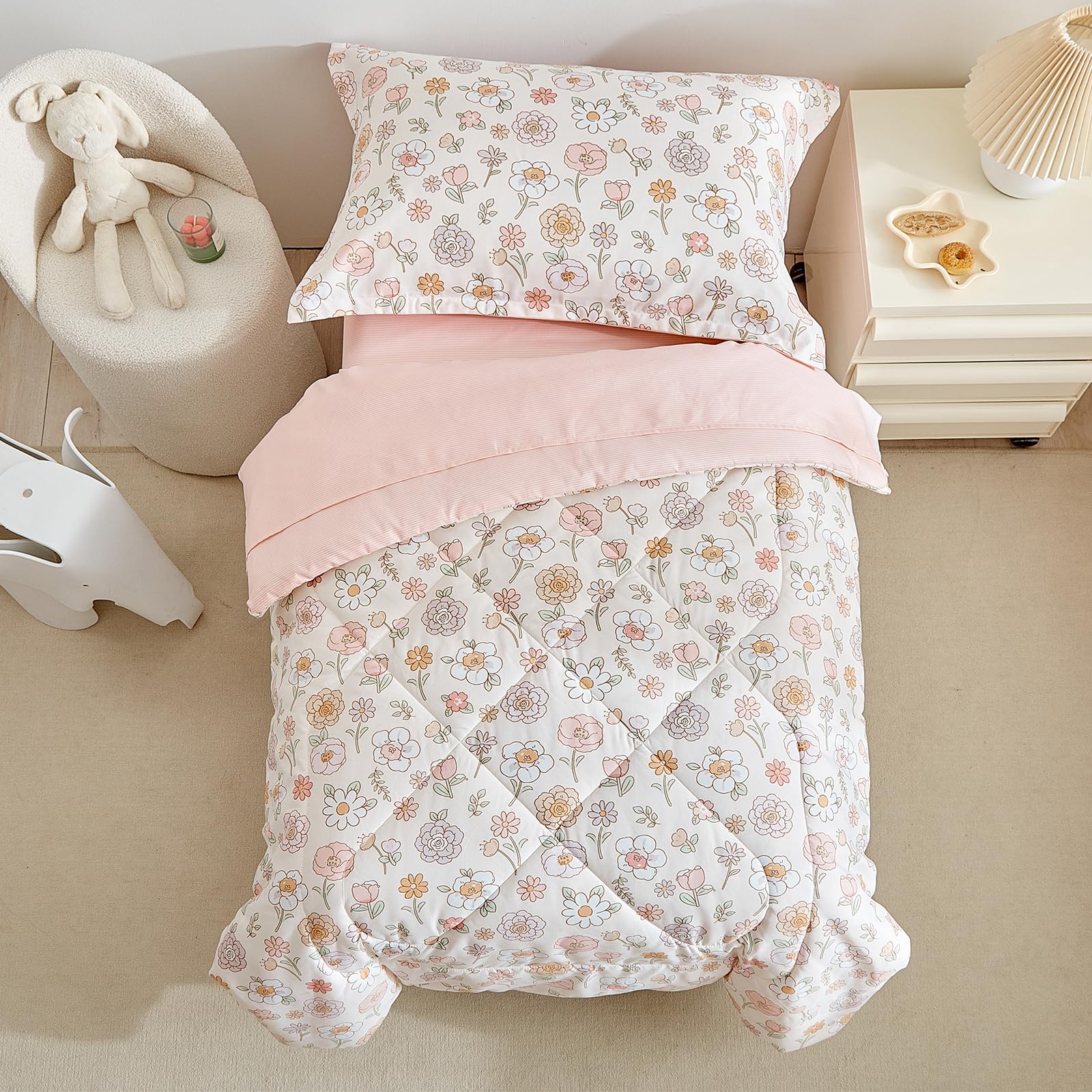 DuShow Floral 4 Piece Girls Toddler Bed Comforter Set Pink Flower Reversible Toddler Bedding Set Soft Baby Crib Bed Sheets Set in a Bag | Include Quilt Comforter,Flat Sheet,Fitted Sheet,Pillowcase