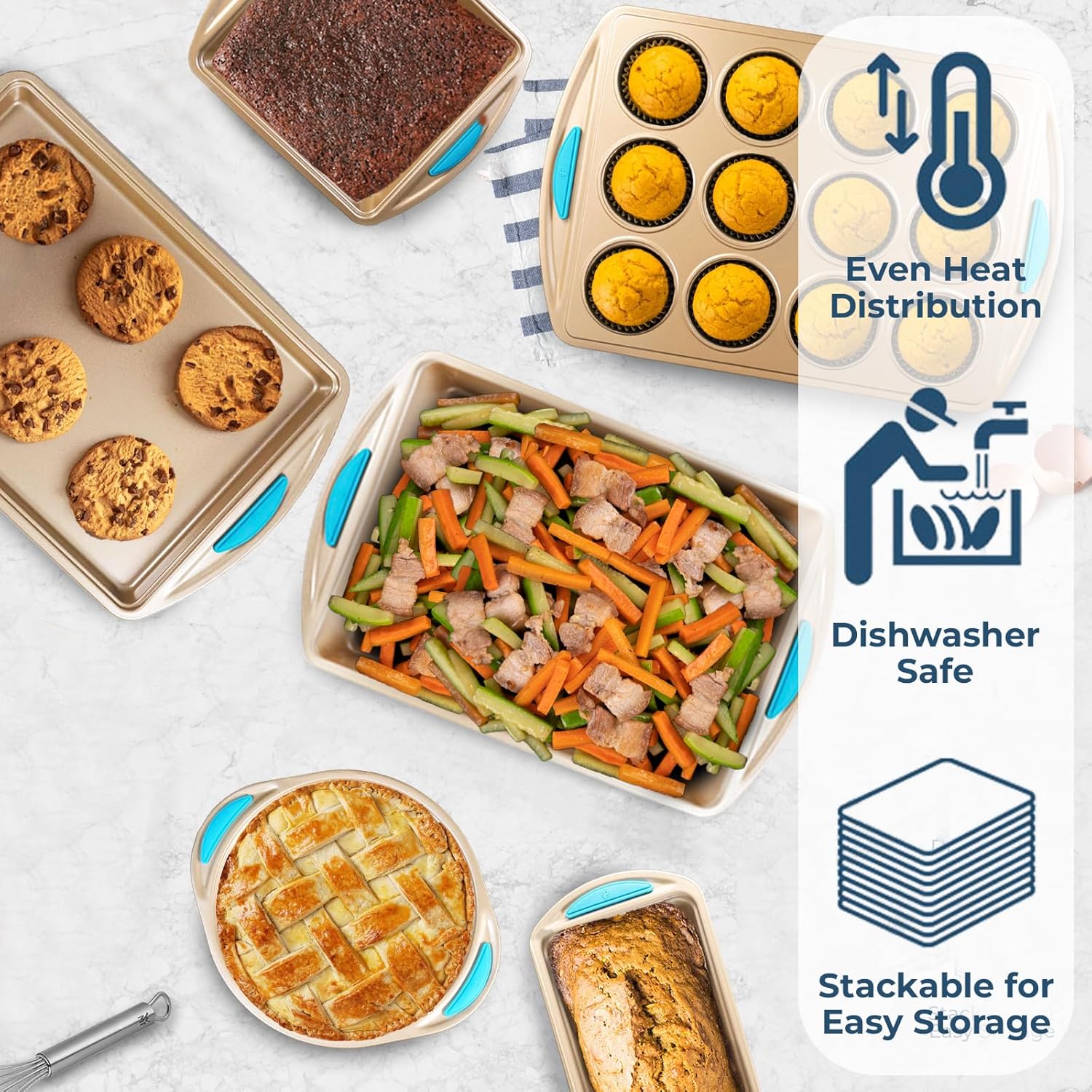 Perlli Baking Kit - Nonstick Gold Steel Oven Set with Silicone Handles | 6-Piece Bakeware Collection
