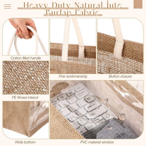 Reginary 16 Pcs Beige Trim Jute Tote Gift Bags with Clear PVC Window Natural Burlap Grocery Shopping Bag Beach Tote with Handle for Bridesmaid Wedding Travel
