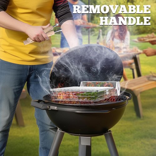 Ivtivfu Grill Basket Set - Removable Wooden Handle, 304 Stainless Steel BBQ Tools for Vegetables & Fish