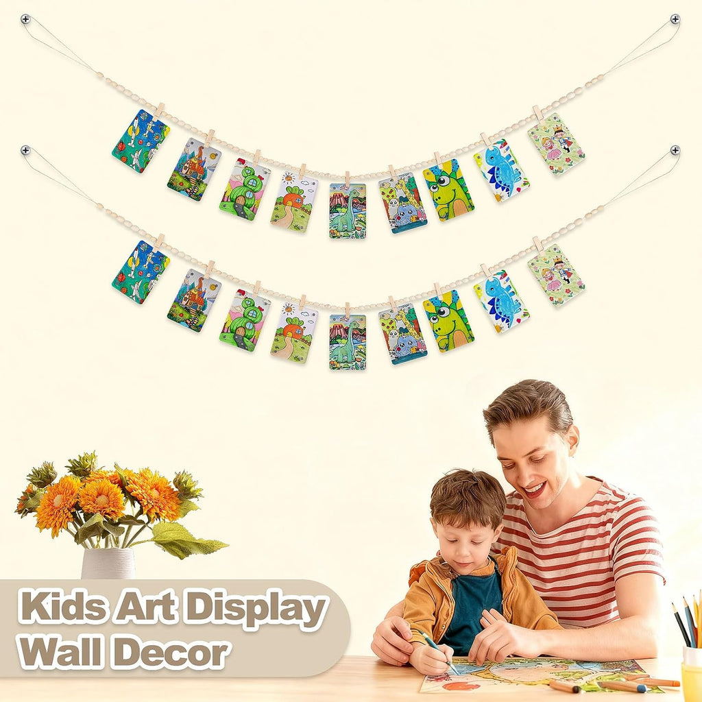 Skiennix Hanging Photo Display - Boho Wooden Bead Garland Wall Decor with 9 Clips | Ideal for Bedroom, Living Room, Dorm & Office