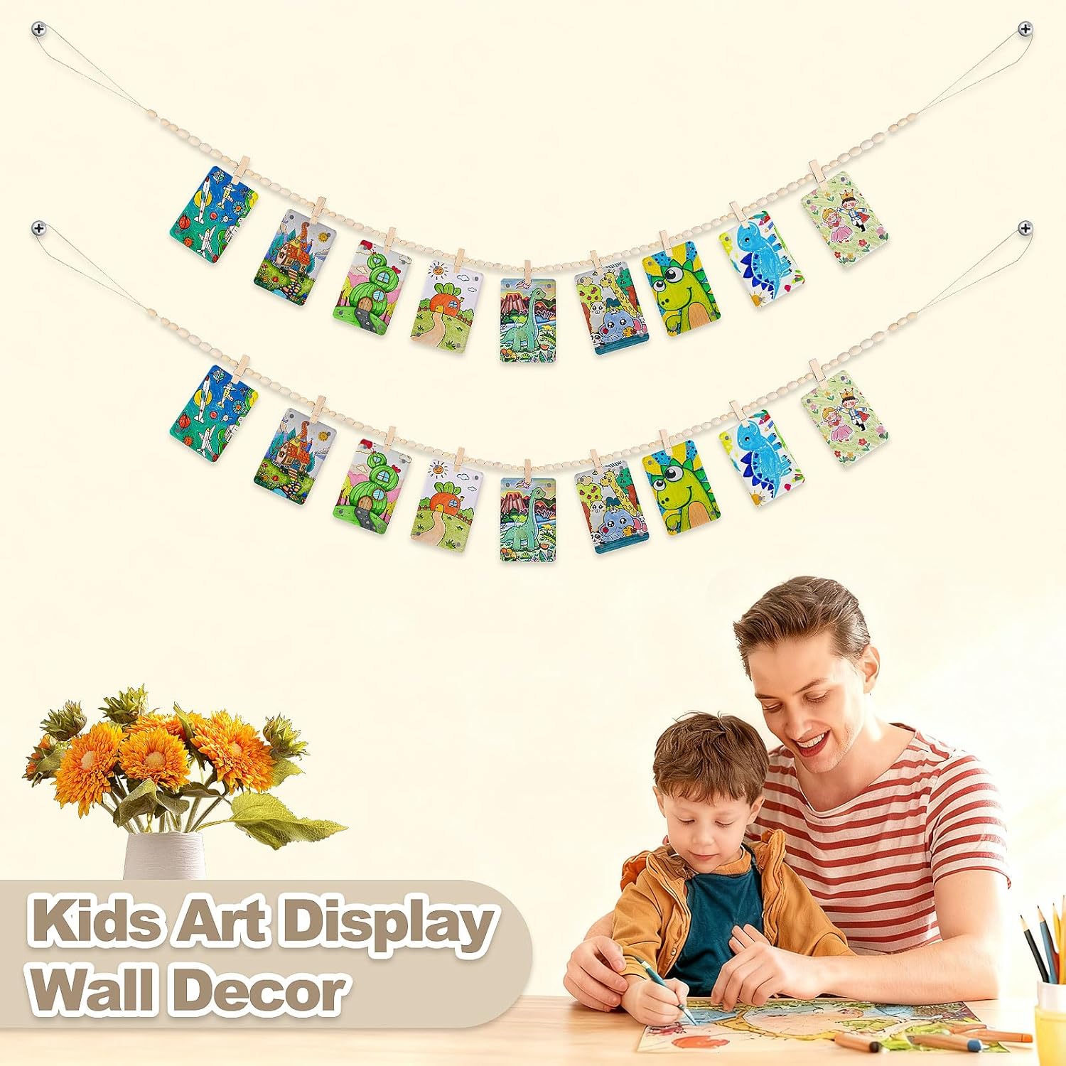 Skiennix Hanging Photo Display - Boho Wooden Bead Garland Wall Decor with 9 Clips | Ideal for Bedroom, Living Room, Dorm & Office