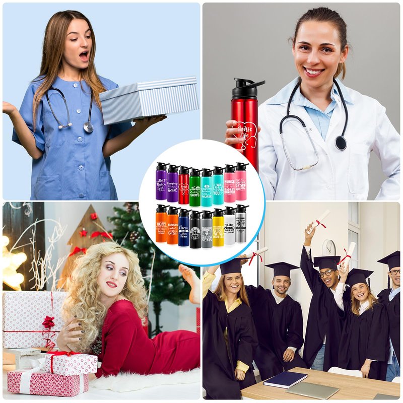 Uiifan 16 Pcs Nurse Appreciation Gift Nurse Tumblers Bulk Aluminum Water Bottle CNA Week Gifts Cups Medical Assistant Appreciation School Practitioner Thank You Gifts for Women Team