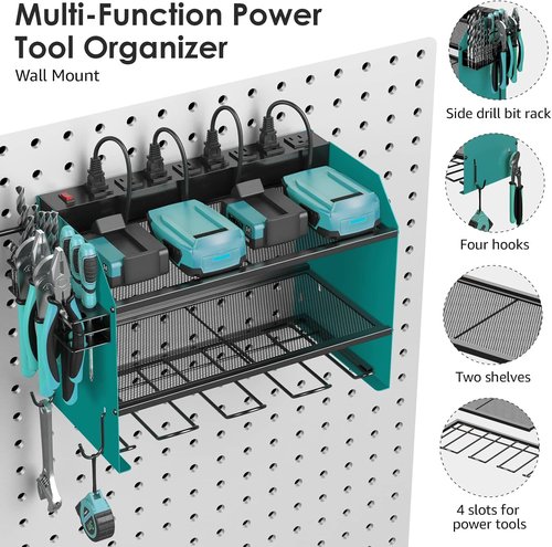 CCCEI Modular Power Tool Organizer - Wall Mount Charging Station & Heavy Duty Storage Shelf | Navy Blue, 2 Pack