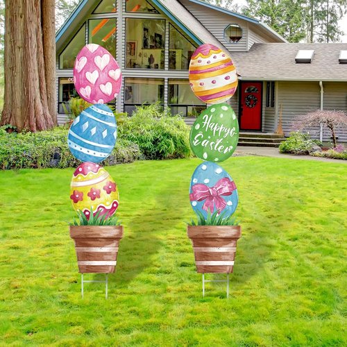 CroBlissful Large Metal Easter Eggs - Rustic Oil Painting Yard Signs | 29-Inch Garden Decor for Spring