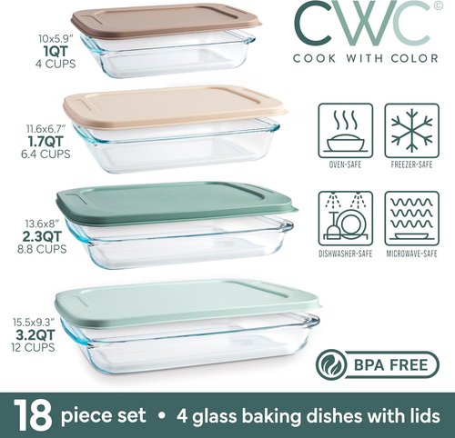 Cook With Color 8-Piece Deep Glass Baking Dish Set - Versatile Casserole & Food Storage Containers | Freezer-to-Oven, Microwave & Dishwasher Safe, Mint