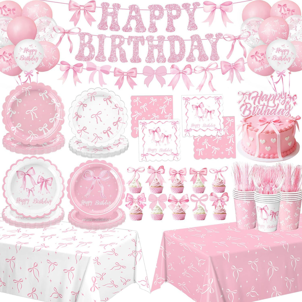 Pink Bow Birthday Decorations - Complete Party Set with Plates, Napkins, Balloons & More for 20 Guests