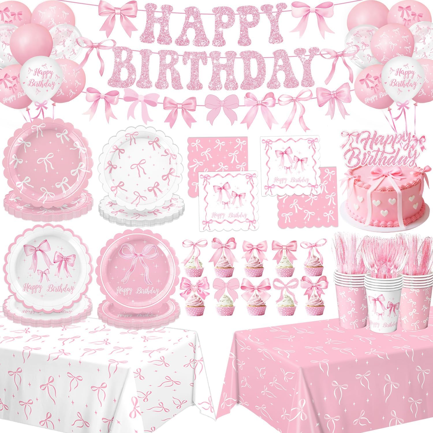 Pink Bow Birthday Decorations - Complete Party Set with Plates, Napkins, Balloons & More for 20 Guests