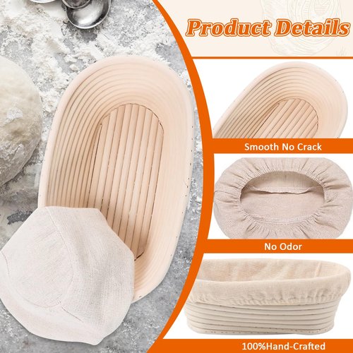 Gdpaddy 6 Pack Oval Banneton Proofing Basket Set 10 Inch, Natural Rattan Sourdough Bread Baskets with Linen Liners, Dough Baking Bowls for Professional & Home Bakers