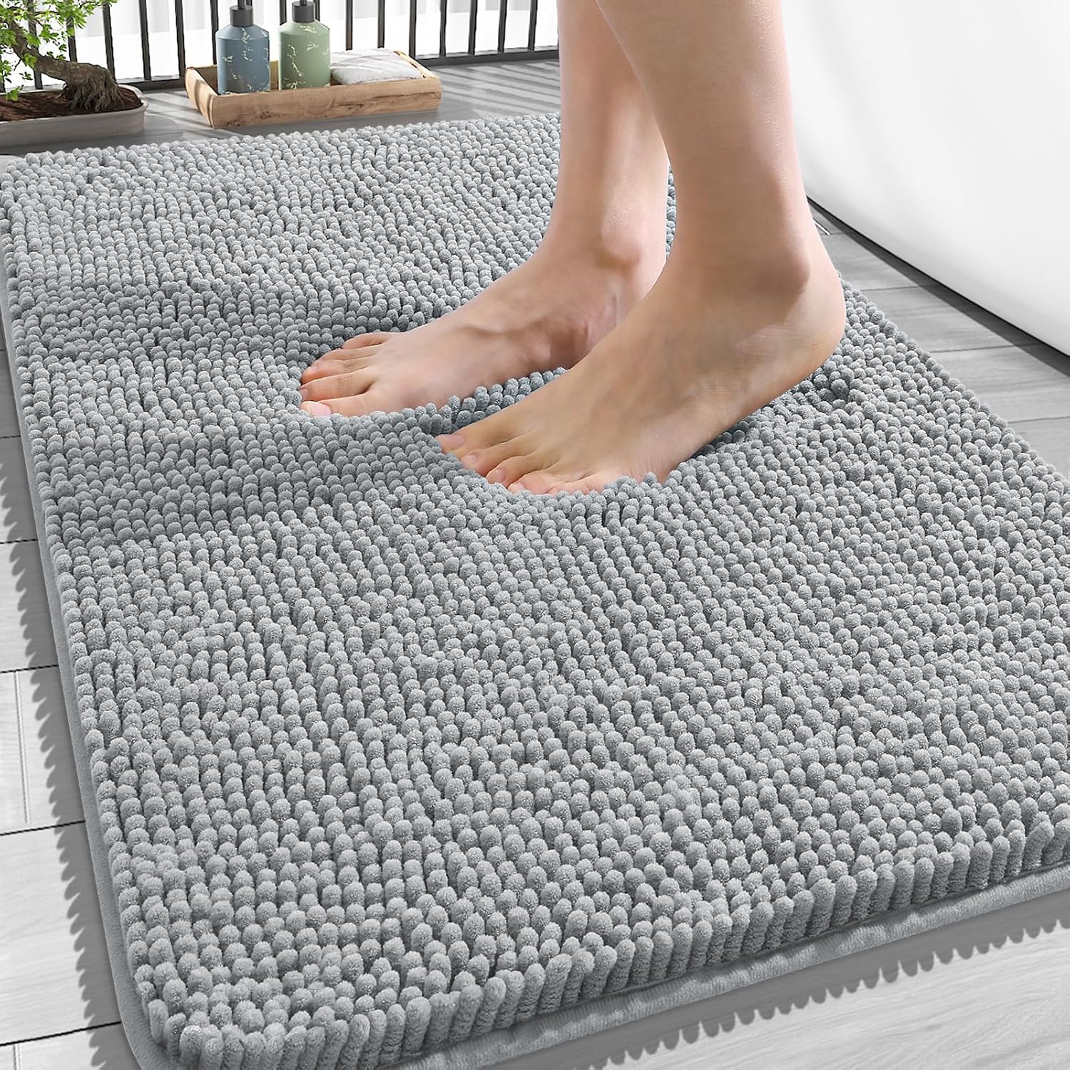 OLANLY Bathroom Rugs - Extra Soft Chenille Bath Mats with Rubber Backing | Quick Dry, Machine Washable, 34x21, Light Grey