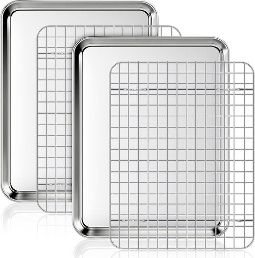Fire More Stainless Steel Baking Sheet & Cooling Rack Set - 2 Cookie Sheets & Racks, Heavy Duty, Easy Clean, 12.4 x 9.6 x 1 Inch