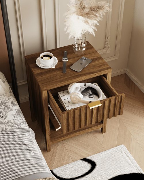 Veegle Nightstand,Farmhouse Night Stand with Storage Drawer and Open Wood Shelf,Walnut Brown