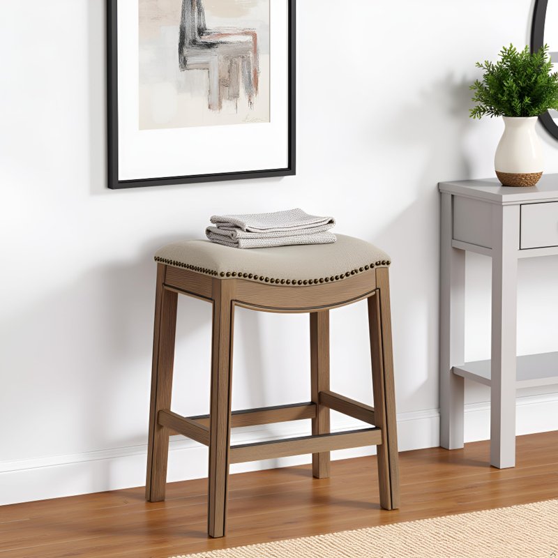 Williston Counter Height Stool – 26” Tall Backless Saddle Seat with Linen-Like Upholstery, Solid Rubberwood Frame in Natural Wire-Brush Finish, Metal Kick Plate & Footrest for Kitchen Island or Bar