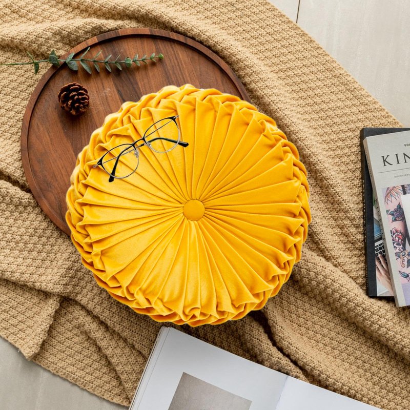 XIXILILI Off-White Round Velvet Pillow, 15" Diameter Pleated Handmade Throw Pillows, Decorative Pumpkin Pillows Cushion for Bed, Car, Couch, Or Chair