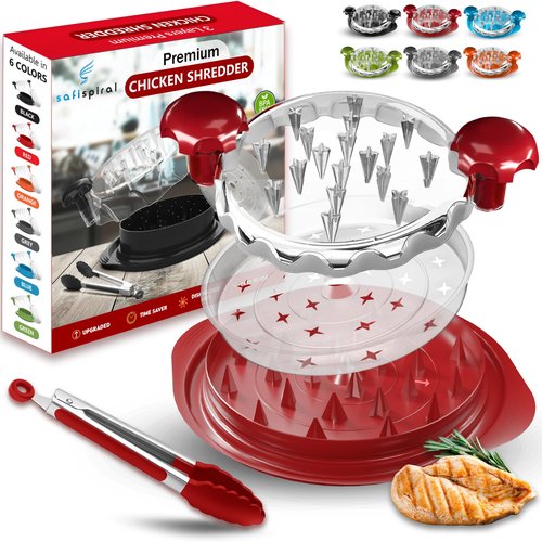 Chicken Shredder Tool Twist Large – 3 Layers Non Slip Meat Shredder with Removable Tray- Dishwasher Safe, Heat Resistant Chicken Breast Shredder with Handle & Serving Tong (Red)