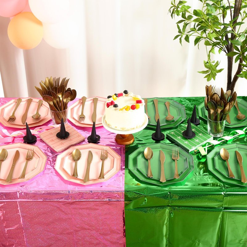 Yungyan 386 Pcs Pink and Green Party Decorations Witch Birthday Party Favors Including Tablecloths Plates Napkins Metal Knives Forks Spoons for Birthday Favors Women Girl Serve 24 Guests