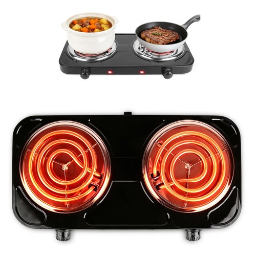 TeqHome Double Hot Plate, 2000W Portable Countertop Burner & Electric Stove, 5-Level Temp Cast Iron Double Burner Cooktop for Home/RV/Camping (Black)