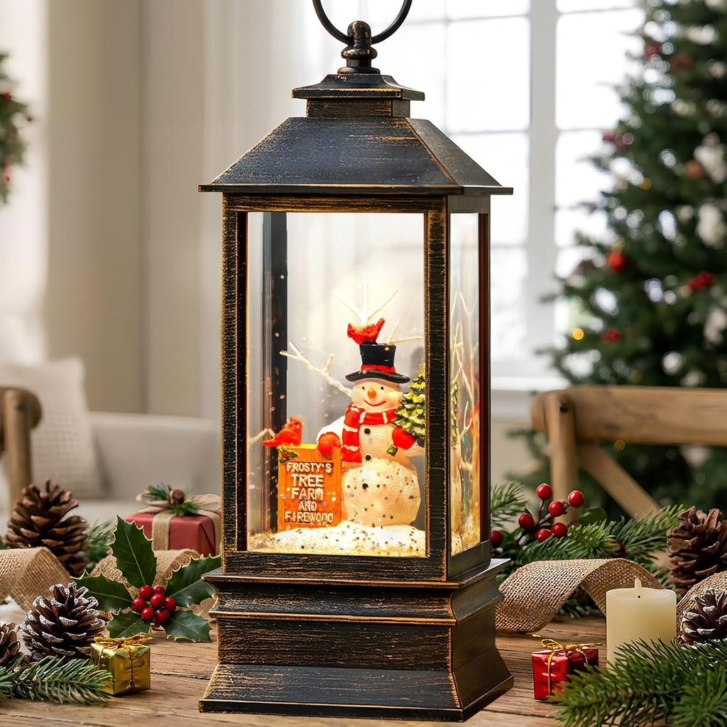 Skiennix Christmas Snow Globe Lantern - Musical Snowman & Tree Scene | Lighted USB/Battery Operated