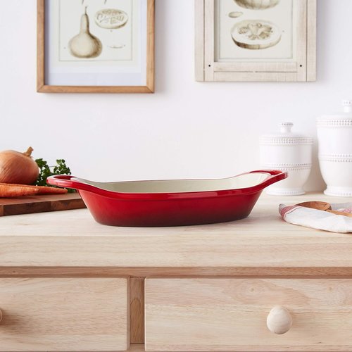 Lodge Enameled Cast Iron Oval Casserole - 2 Quart Capacity - Dual Handles, Oven Safe to 500°F - Red