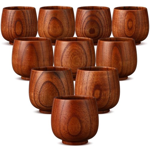 Gerrii 10 Pieces Wooden Tea Cup Wood Coffee Mug Water Japanese Solid Drinking Teacup Glass for Wine, Beer, Milk, Hot Drinks (4 oz)