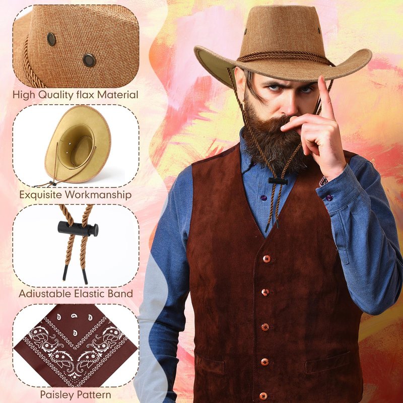 Zhanmai 12 Pcs Cowboy Hat and Bandana Cowboy Cowgirl Hats Bulk Western Party Costume Halloween Accessory(Flax,Brown Series)