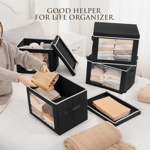 Homsorout Storage Bins - 4 Pack Large Fabric Storage Cubes with Lids & Handles | Black for Organizing Clothes, Towels, Books