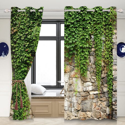 Umpoo Green Ivy Leaf Blackout Curtains Leaves Plants Rustic Stone Wall Spring Scenery Curtain for Living Room Bedroom Home Decoration Window Drapes Fabric Set of 2 Panels, 42x84 Inch