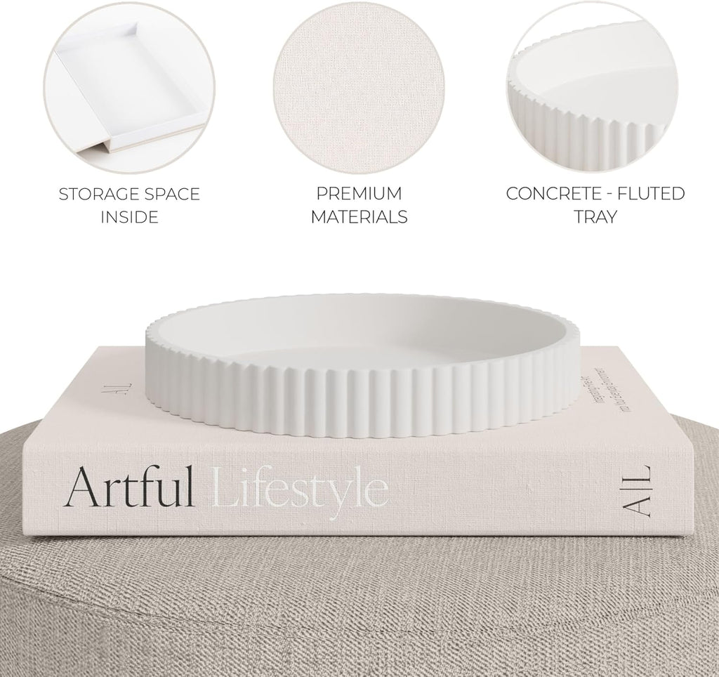 Skiennix Decorative Concrete Tray Set | Scalloped Design & Linen Box for Stylish Home Decor - Perfect for Living Room or Housewarming Gift